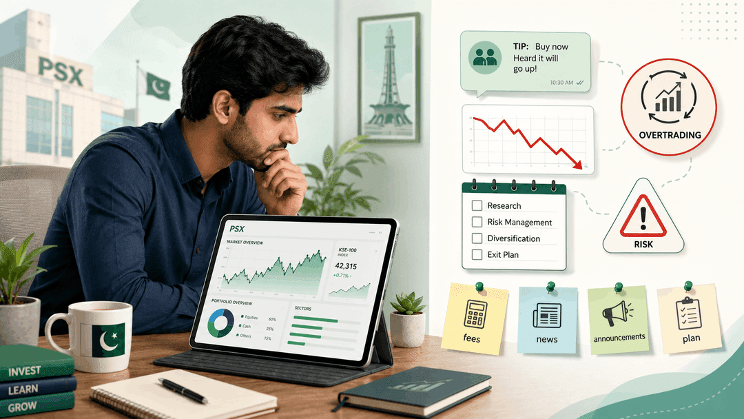 Beginner investor reviewing PSX mistakes, risk warnings, fees, news and announcements