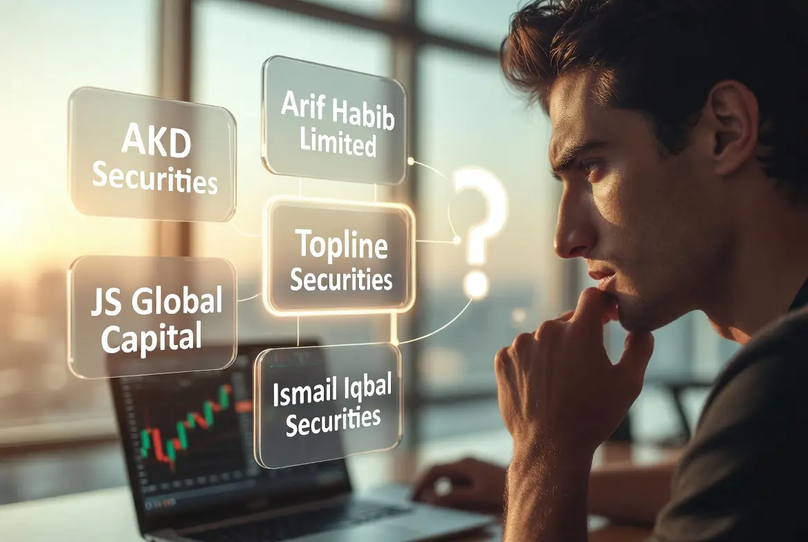 Investor comparing Pakistan stock broker options on a trading screen
