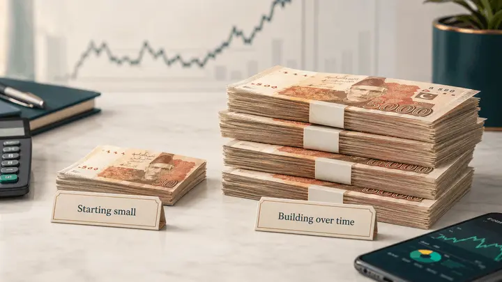 Small and large stacks of Pakistani rupee notes illustrating starting small and building over time